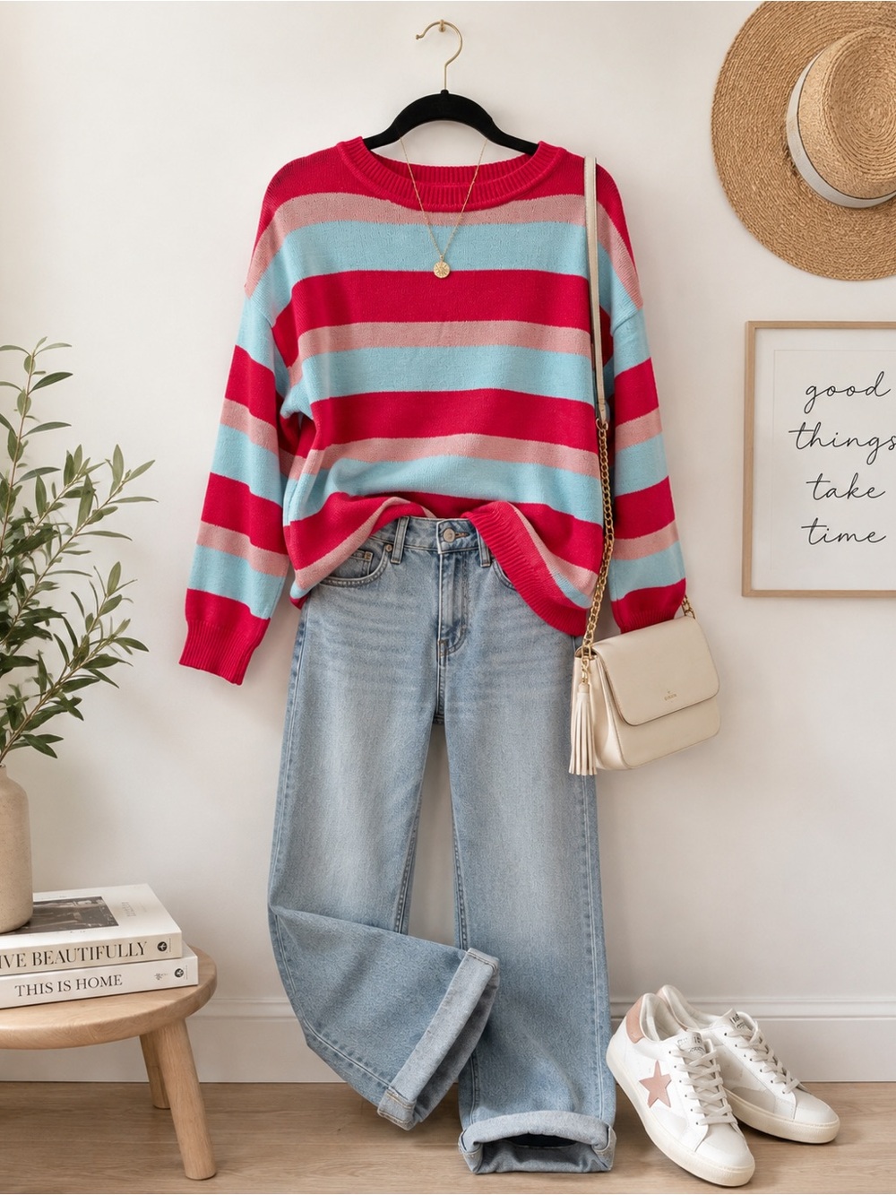 NWT Timing Los Angeles Striped Crewneck Sweater Hot Pink, Light Blue Sz L
